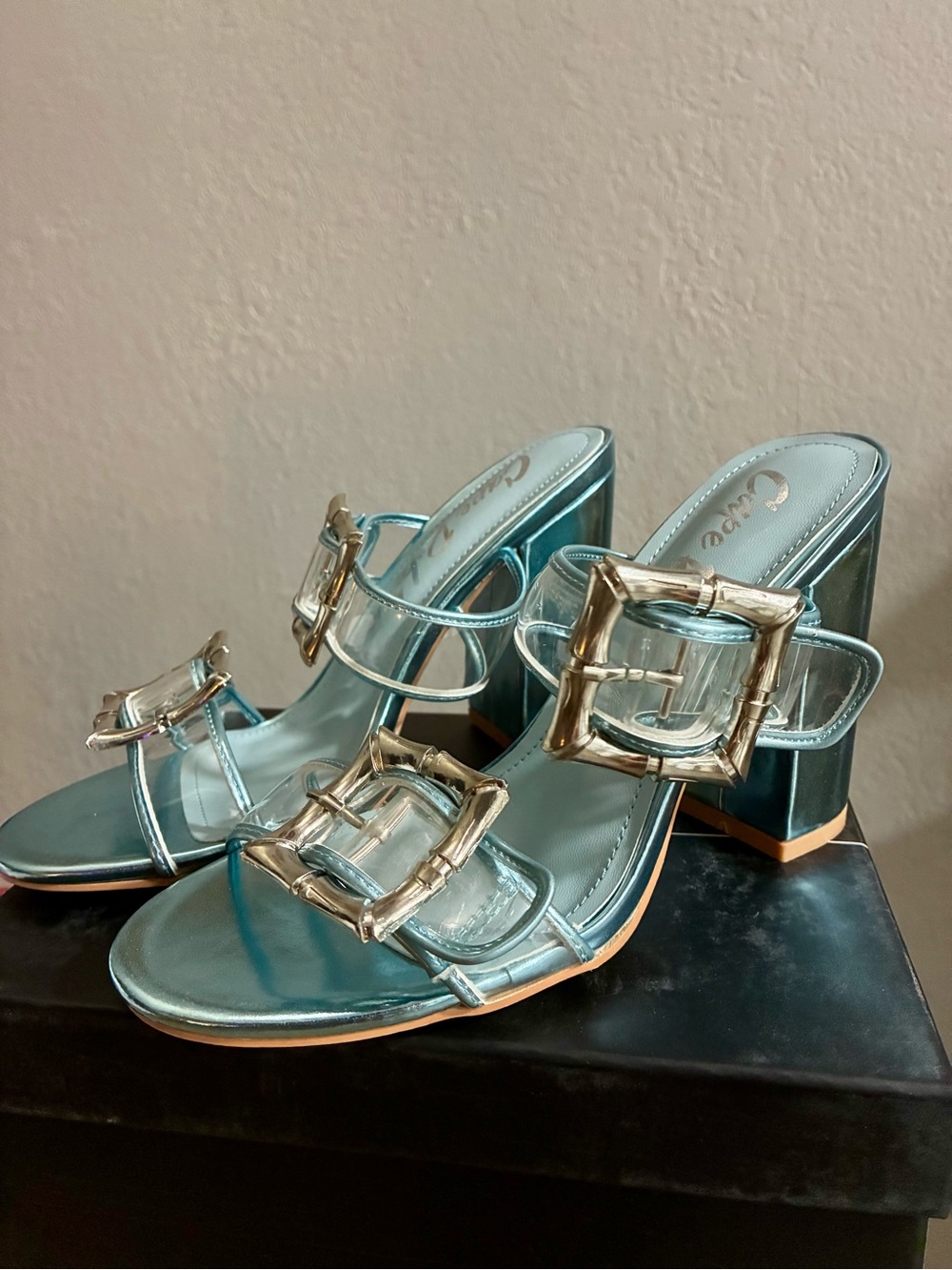 Metallic Teal Heels with Buckles